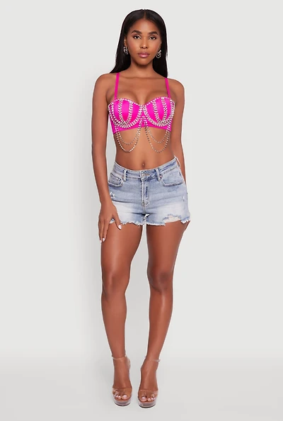 Womens Metallic Rhinestone Fringe Bustier Crop Top, Pink, Size L