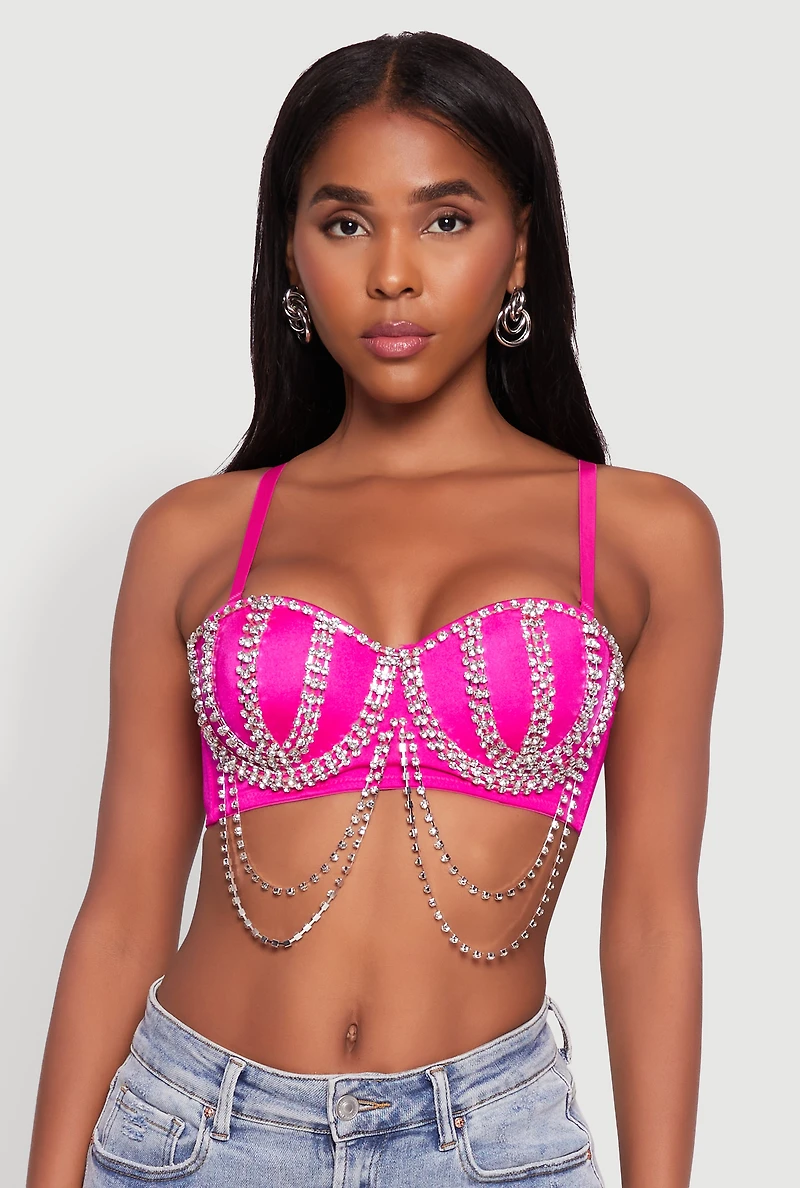 Womens Metallic Rhinestone Fringe Bustier Crop Top, Pink, Size L