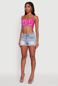 Womens Metallic Rhinestone Fringe Bustier Crop Top, Pink, Size L