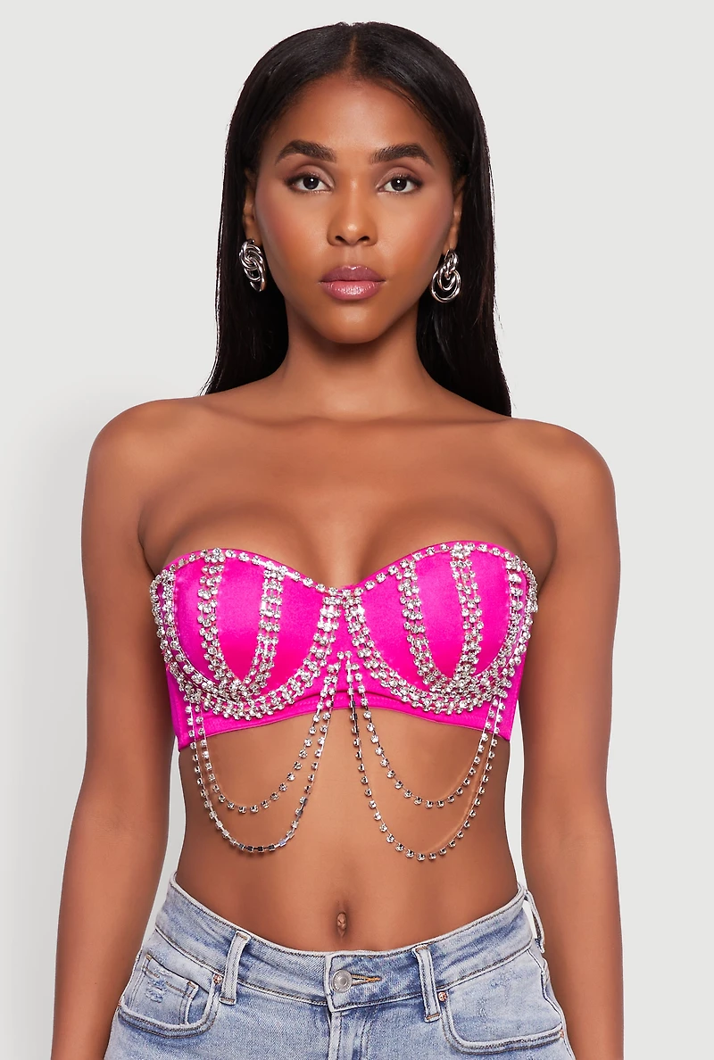 Womens Metallic Rhinestone Fringe Bustier Crop Top, Pink, Size L