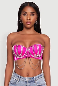 Womens Metallic Rhinestone Fringe Bustier Crop Top, Pink, Size L