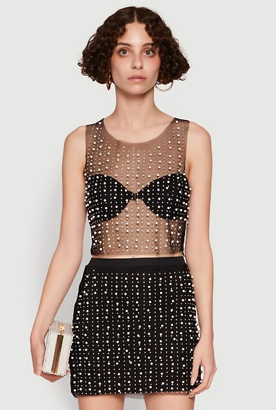 Womens Chic Faux Pearls and Rhinestone Sleeveless Mesh Top, Black, Size L