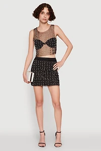 Womens Chic Faux Pearls and Rhinestone Sleeveless Mesh Top, Black, Size L