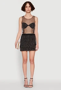 Womens Chic Faux Pearls and Rhinestone Sleeveless Mesh Top, Black, Size L