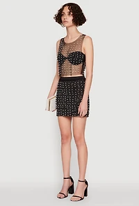 Womens Chic Faux Pearls and Rhinestone Sleeveless Mesh Top, Black, Size L