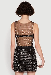 Womens Chic Faux Pearls and Rhinestone Sleeveless Mesh Top, Black, Size S