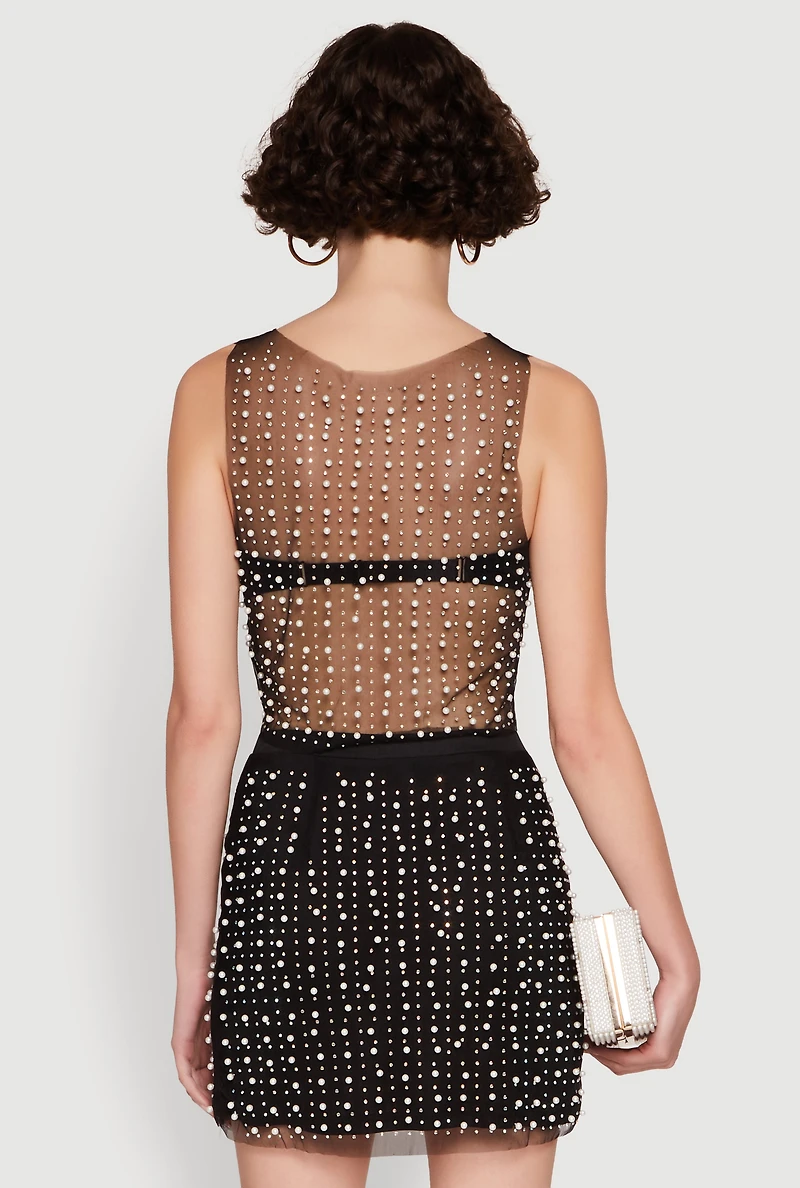 Chic Faux Pearl and Rhinestone Sleeveless Mesh Top