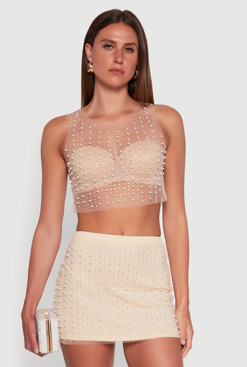 Chic Faux Pearl and Rhinestone Sleeveless Mesh Top