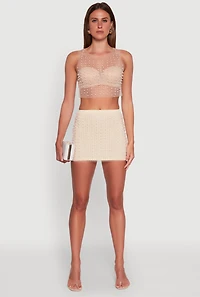 Womens Chic Faux Pearls and Rhinestone Sleeveless Mesh Top,