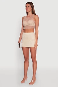 Womens Chic Faux Pearls and Rhinestone Sleeveless Mesh Top,