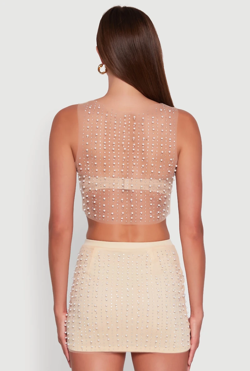 Chic Faux Pearl and Rhinestone Sleeveless Mesh Top