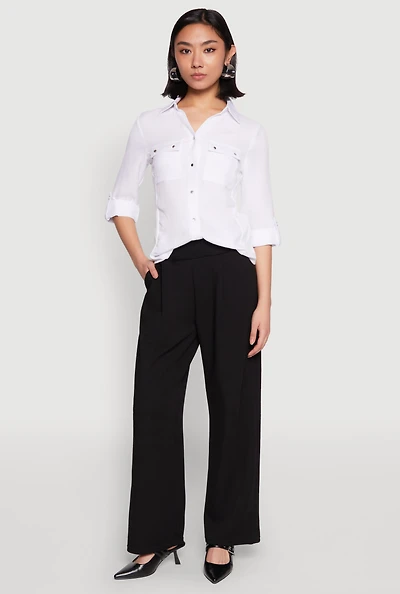 Womens Tabbed Sleeve Button Front Shirt, White, Size XL