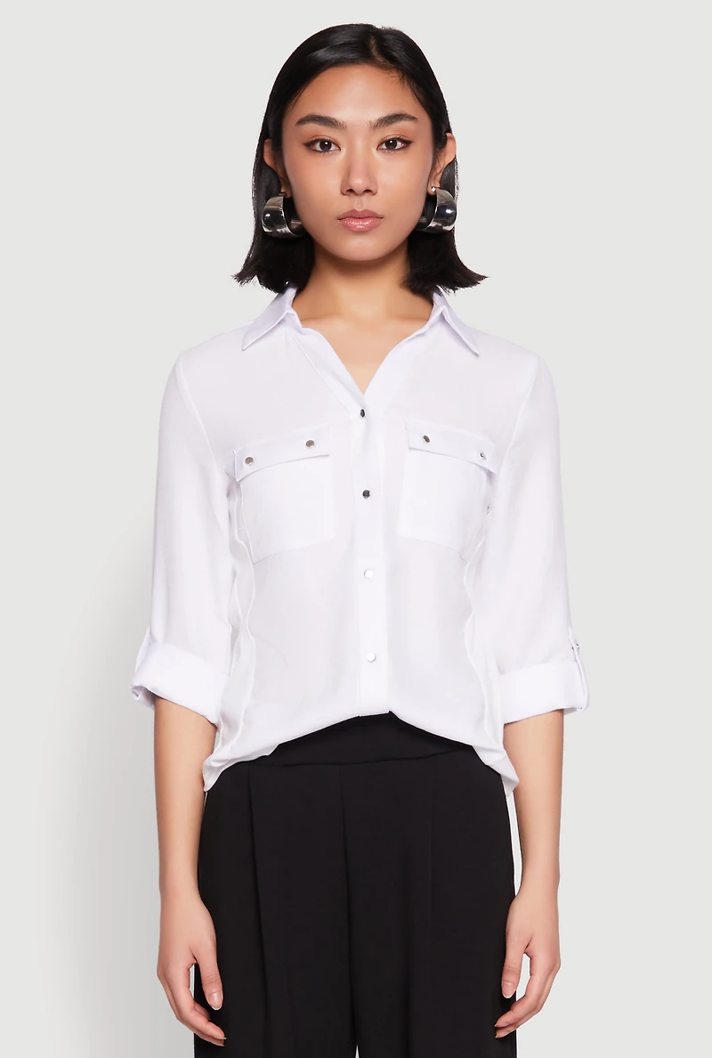 Womens Tabbed Sleeve Button Front Shirt, White, Size S