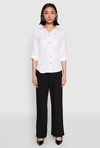 Womens Tabbed Sleeve Button Front Shirt, White, Size XL