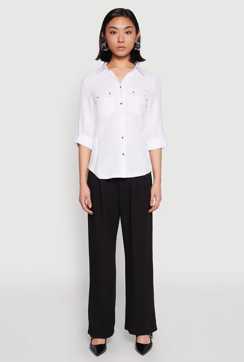 Womens Tabbed Sleeve Button Front Shirt, White, Size S