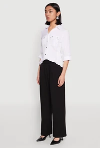 Womens Tabbed Sleeve Button Front Shirt, White, Size S