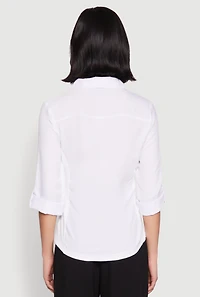Womens Tabbed Sleeve Button Front Shirt, White, Size XL