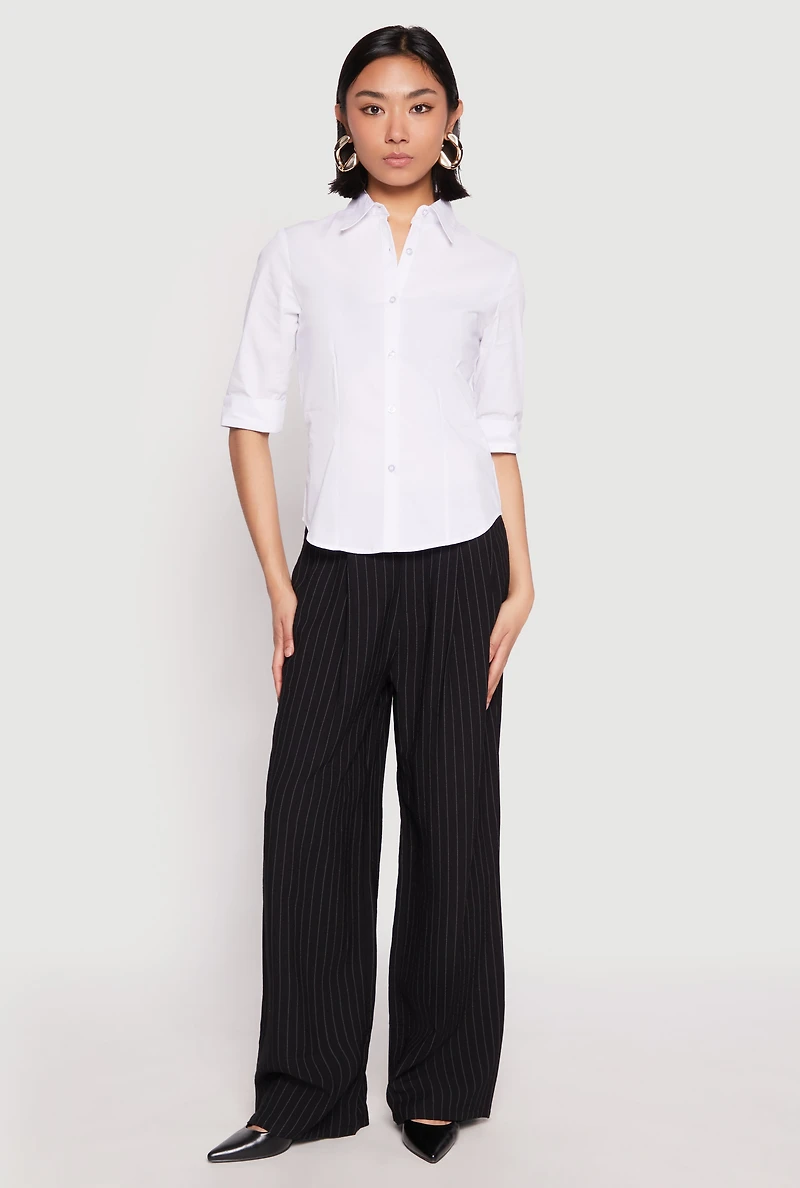 Womens Poplin Quarter Sleeve Button Front Shirt, White, Size S