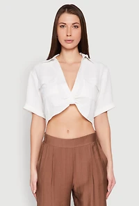 Womens Crepe Knit Plunge Twist Front Shirt, White, Size M