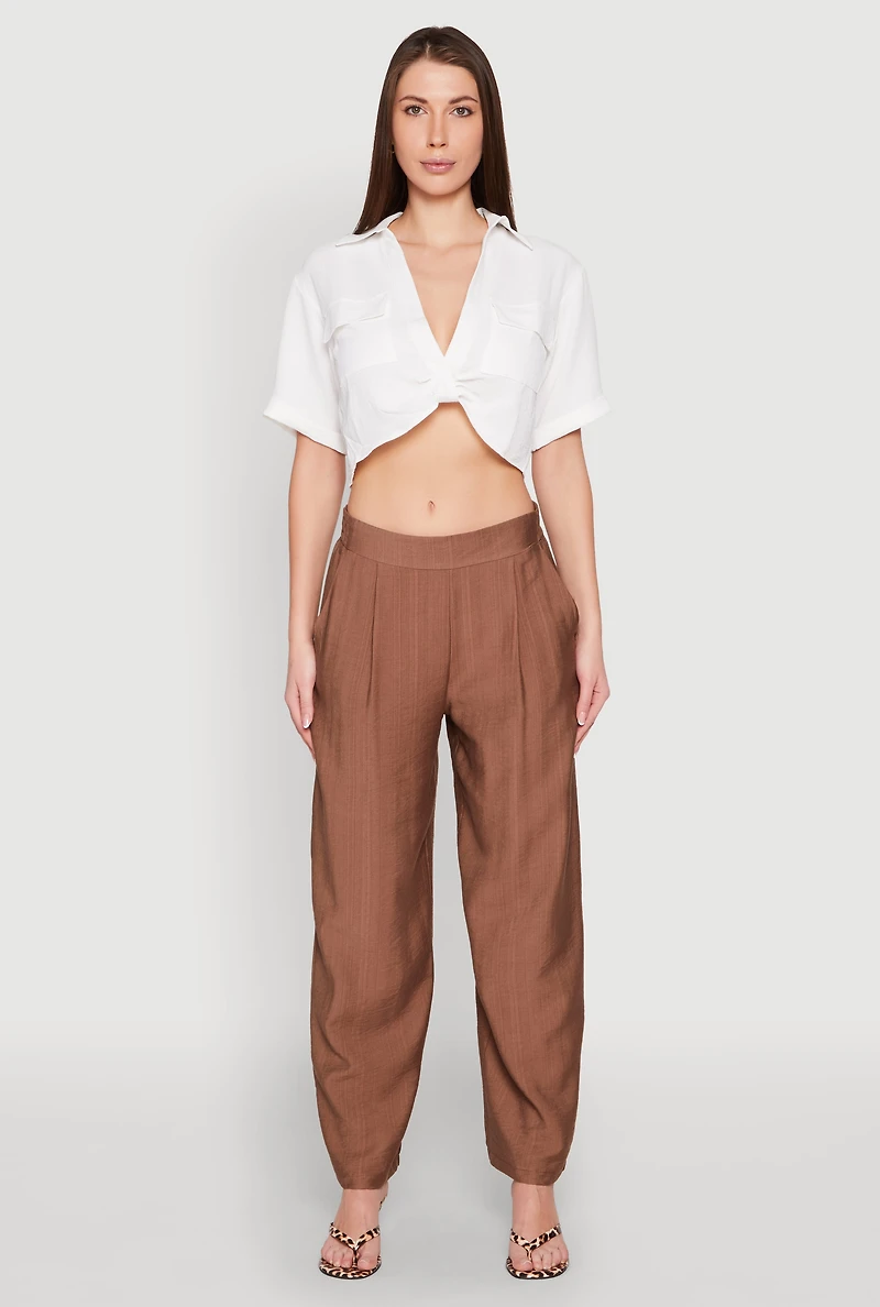 Womens Crepe Knit Plunge Twist Front Shirt, White, Size M