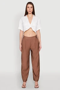 Womens Crepe Knit Plunge Twist Front Shirt, White, Size M