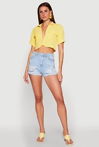 Crepe Knit Plunge Twist Front Shirt