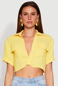 Womens Crepe Knit Plunge Twist Front Shirt, Yellow, Size M