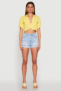 Womens Crepe Knit Plunge Twist Front Shirt, Yellow, Size M