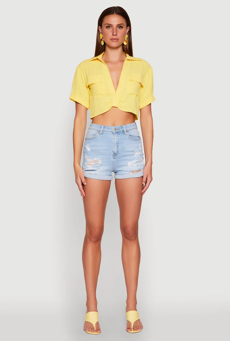 Crepe Knit Plunge Twist Front Shirt