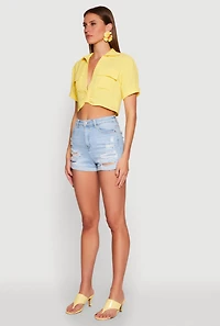 Womens Crepe Knit Plunge Twist Front Shirt, Yellow, Size M