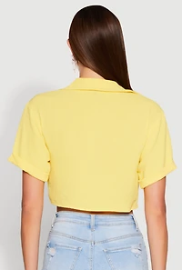 Womens Crepe Knit Plunge Twist Front Shirt, Yellow, Size M