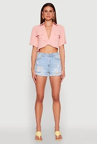 Womens Crepe Knit Plunge Twist Front Shirt, Pink, Size XL