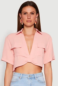 Womens Crepe Knit Plunge Twist Front Shirt, Pink, Size XL