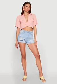 Womens Crepe Knit Plunge Twist Front Shirt, Pink, Size XL