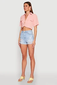 Womens Crepe Knit Plunge Twist Front Shirt, Pink, Size XL