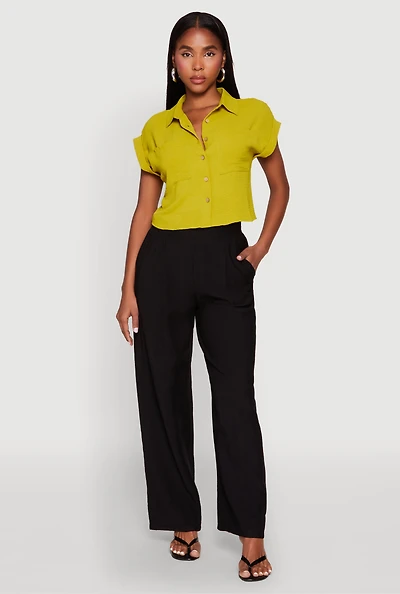 Womens Crepe Knit Cropped Shirt, Green,