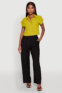 Womens Crepe Knit Cropped Shirt, Green,
