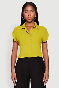 Womens Crepe Knit Cropped Shirt, Green,