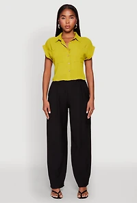 Womens Crepe Knit Cropped Shirt, Green,