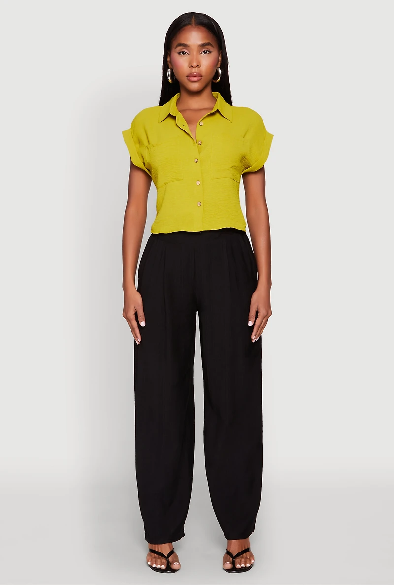 Womens Crepe Knit Cropped Shirt, Green, Size S