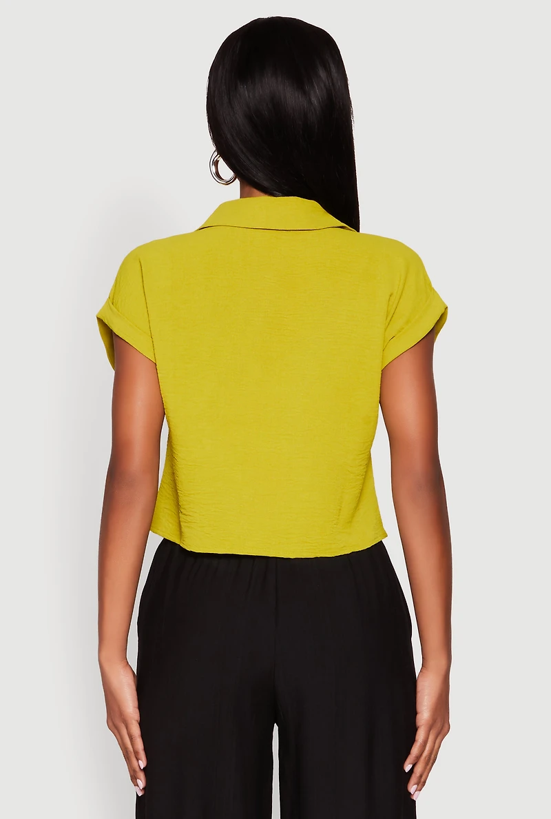 Womens Crepe Knit Cropped Shirt, Green, Size S