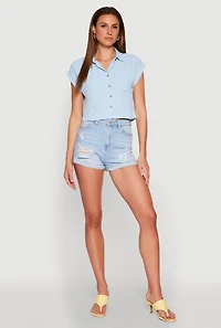 Womens Crepe Knit Cropped Shirt, Blue, Size L