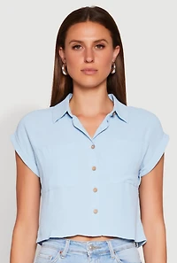 Womens Crepe Knit Cropped Shirt, Blue, Size L