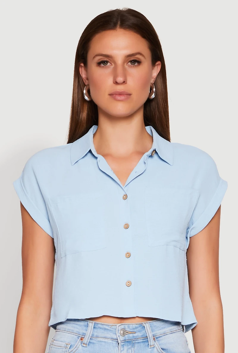 Womens Crepe Knit Cropped Shirt, Blue, Size S