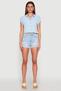 Womens Crepe Knit Cropped Shirt, Blue, Size L