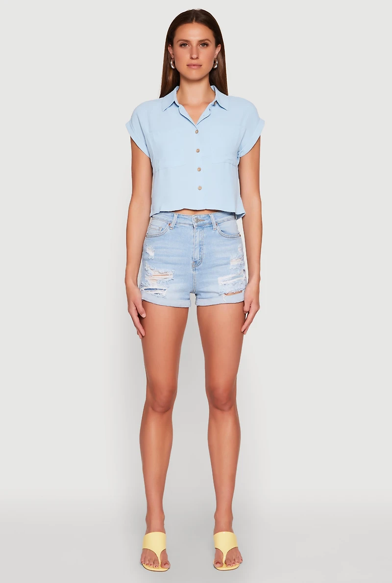 Womens Crepe Knit Cropped Shirt, Blue, Size S