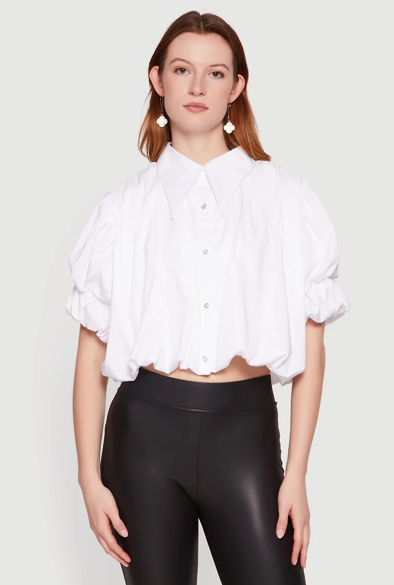 Puff Sleeve Button Front Cropped Bubble Hem Shirt