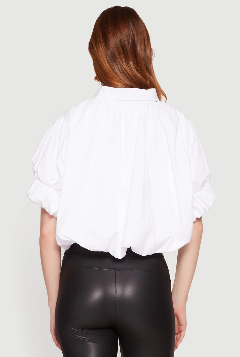 Puff Sleeve Button Front Cropped Bubble Hem Shirt