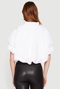 Puff Sleeve Button Front Cropped Bubble Hem Shirt