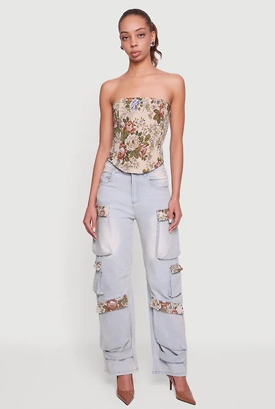 Womens Floral Jacquard Lace Up Back Corset, Beige, Size M